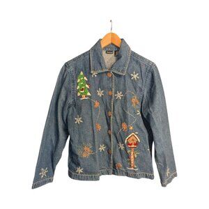 NorthCrest Women's Size Large Embroidered Christmas Xmas Denim Jean Jacket